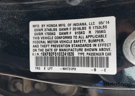 2014 Honda Civic Lx z USA, uszkodzony, nr VIN 19XFB2F51EE241826